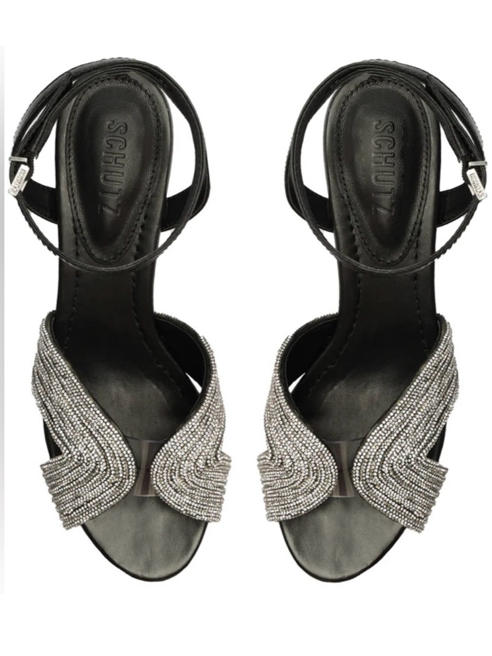 SCHUTZ Black Ankle-Strap Heels with Silver Beaded Detail